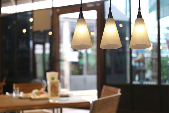 hanging lights inside a cafe